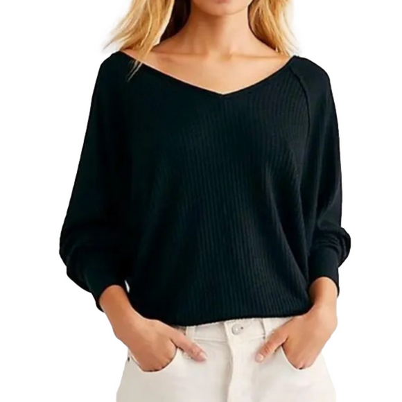 FREE PEOPLE Santa Clara women’s large black waffle knit v-neck pullover top NWT - Picture 1 of 13